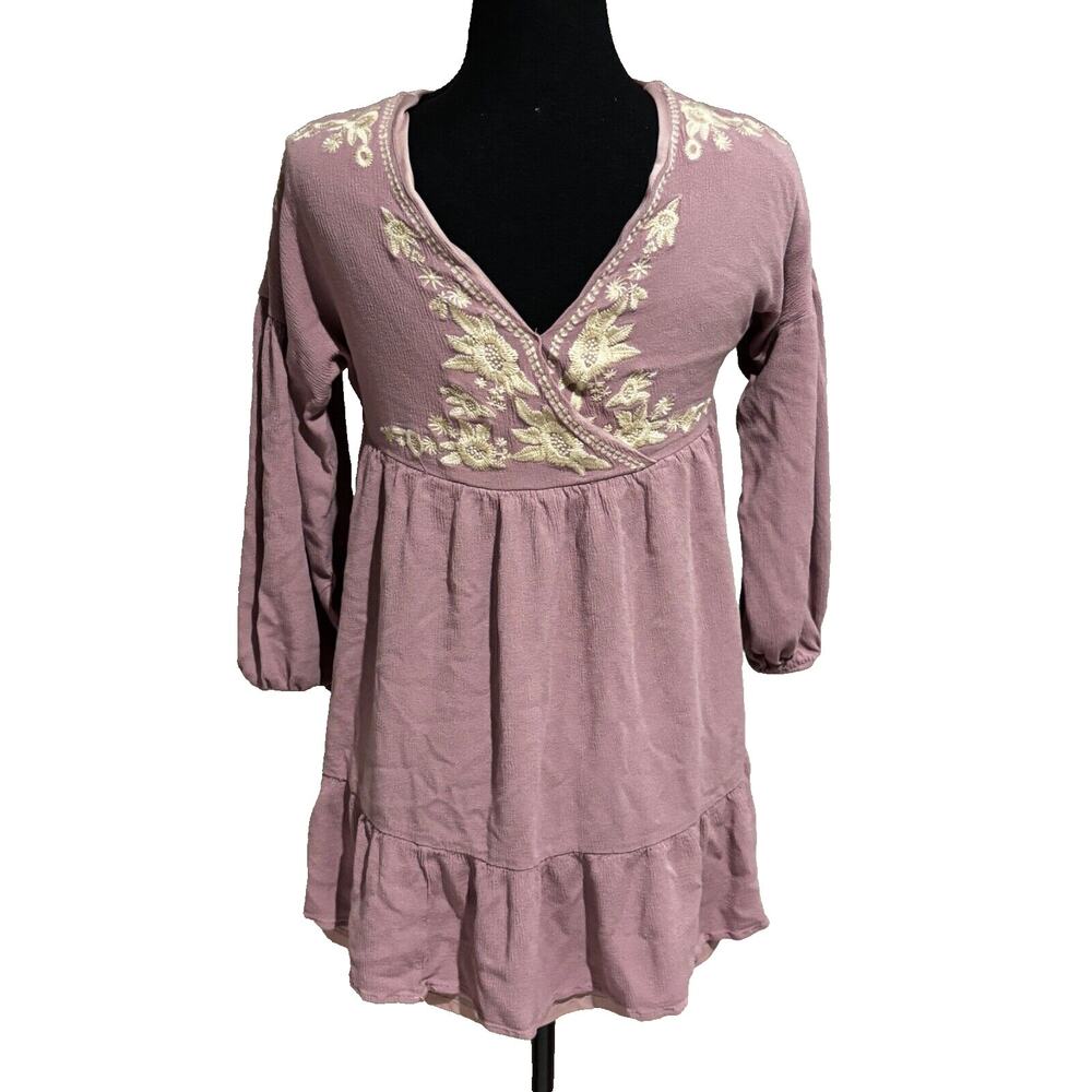 In Bloom Women’s Baby Doll Mini Dress Size S Dusty Pink Boho Cowgirl Embroidery